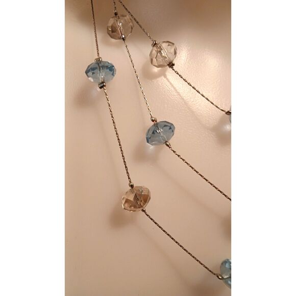 Elegant Silver-Tone Metal Layered Necklace with Chain Smoky and Blue Crystals - Picture 2 of 10